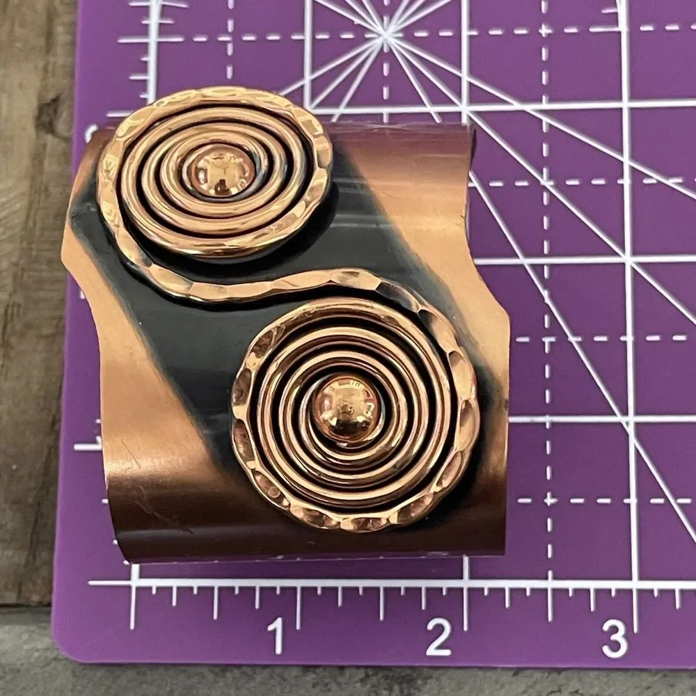 Signed Handmade Renoir 1950s Modernist Scroll Motif Copper Cuff Bracelet Runway